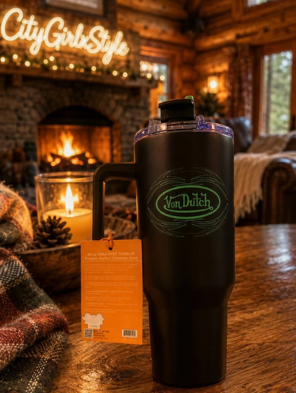 Von Dutch Black Travel Tumbler with Green Logo